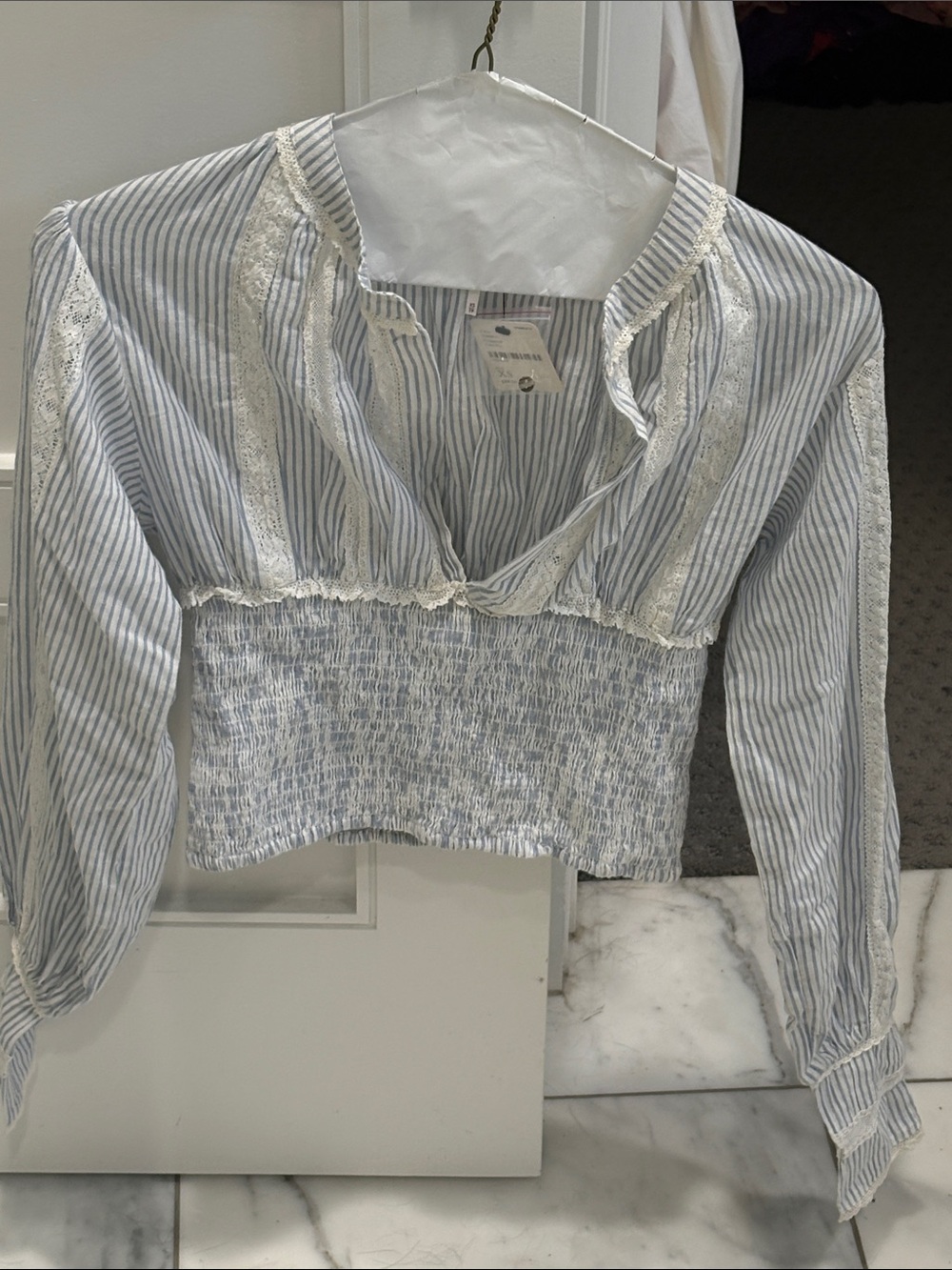 Free People Blue and White Striped Lace-Trim Smocked Top